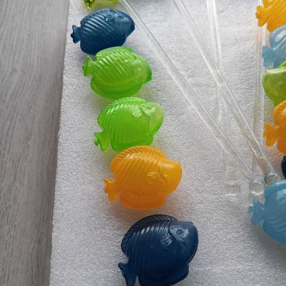 Vintage Pier 1 Glass Fish Swizzle Sticks & Plastic Fish Ice Cubes Set Blue
